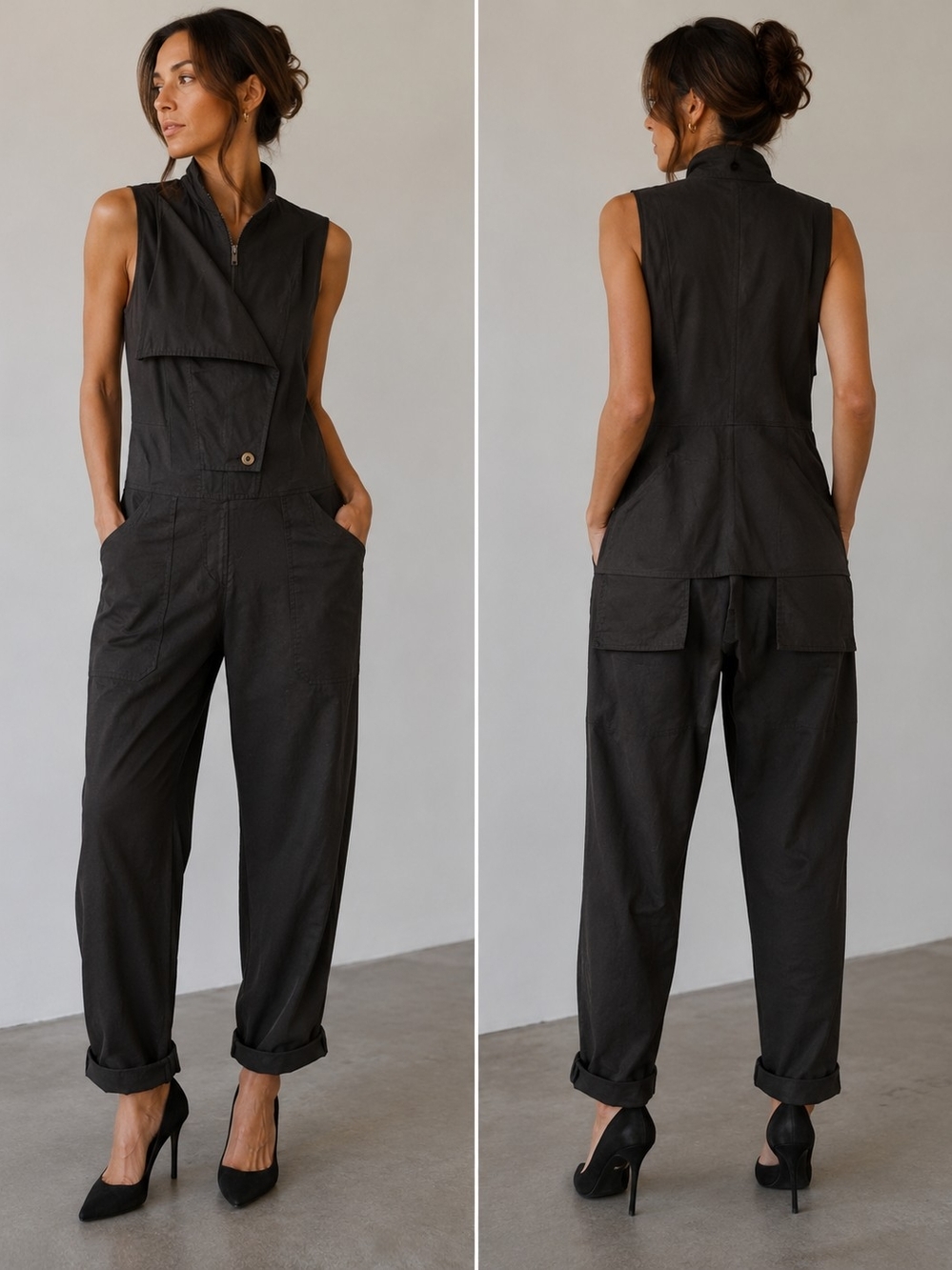 Seishin Style Black Sleeveless Utility Techwear Jumpsuit Coveralls - Size L